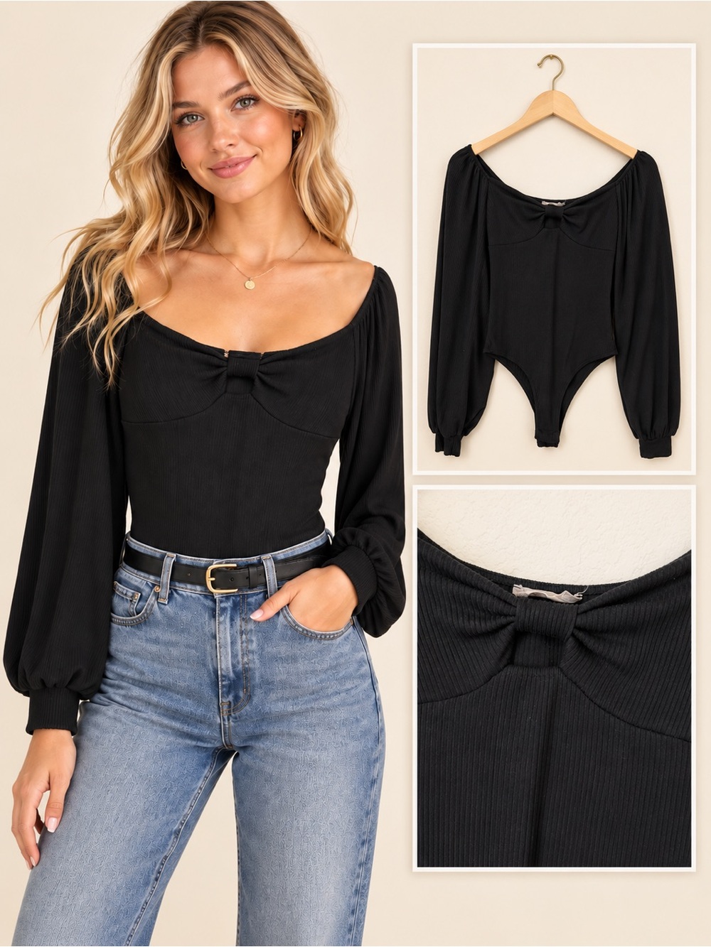 Altar'd State Black Long-Sleeve Bow-Front Ribbed Bodysuit